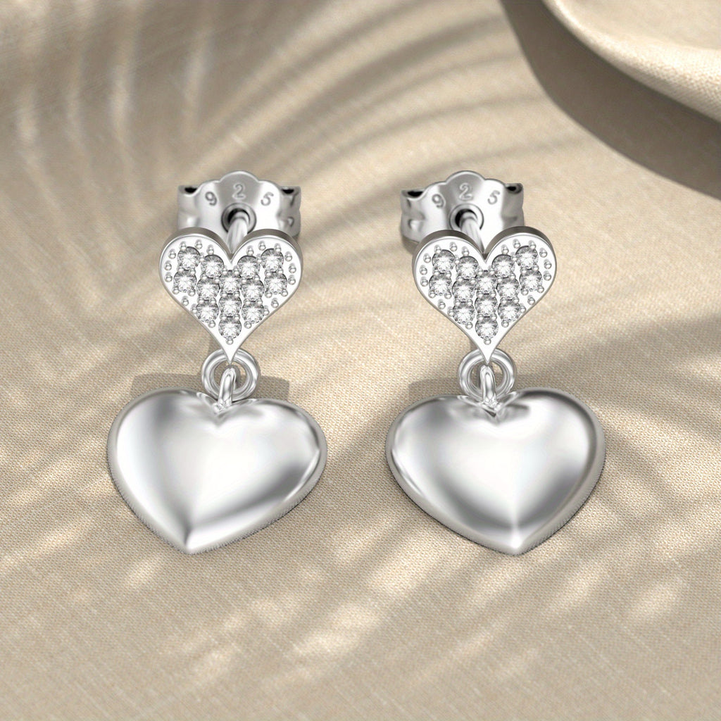 Classic Style 925 Sterling Silvery Heart Dangle Earrings for Women, Synthetic April Birthstone, Lab-created White Gemstone, All-Season Jewelry Gift