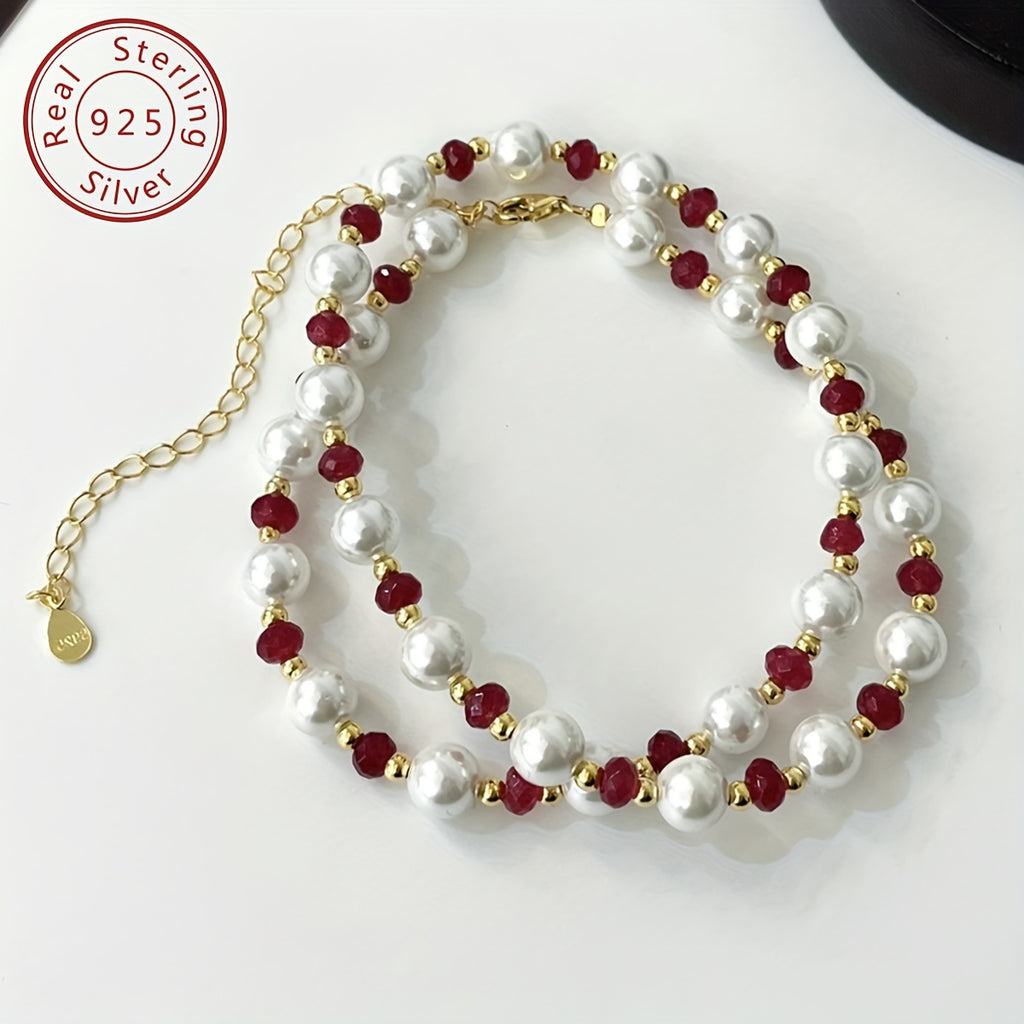 1pc Elegant 925 Silver Natural Stone Beaded Necklace - French Retro Luxury Design, 18K Golden Plated, Perfect for Daily Wear & Gifting, Valentine'S Day, Birthday, Anniversary - Includes Gift Box, Special Occasion Jewelry | French Retro Style | Durab