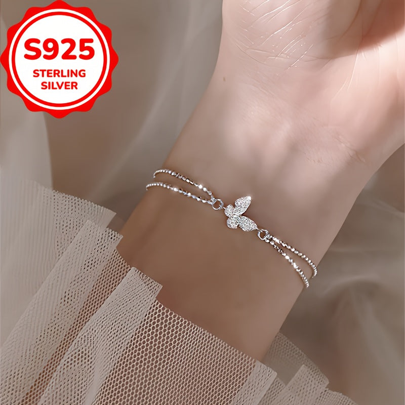 1pc S925 Sterling Silvery Full Butterfly Double Layer Bracelet with Synthetic Synthetic Zirconia Inlay, Elegant and Versatile Design Suitable for Daily Wear or Party Events, Holiday Gift