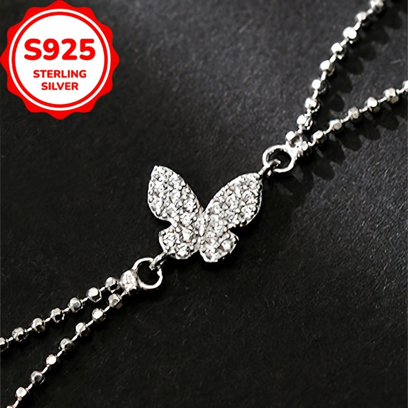 1pc S925 Sterling Silvery Full Butterfly Double Layer Bracelet with Synthetic Synthetic Zirconia Inlay, Elegant and Versatile Design Suitable for Daily Wear or Party Events, Holiday Gift
