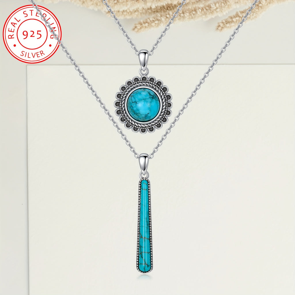 Turquoise Layered Necklace 925 Sterling Silver Genuine Gemstone Turquoise Pendant Boho Jewelry Gifts for Women