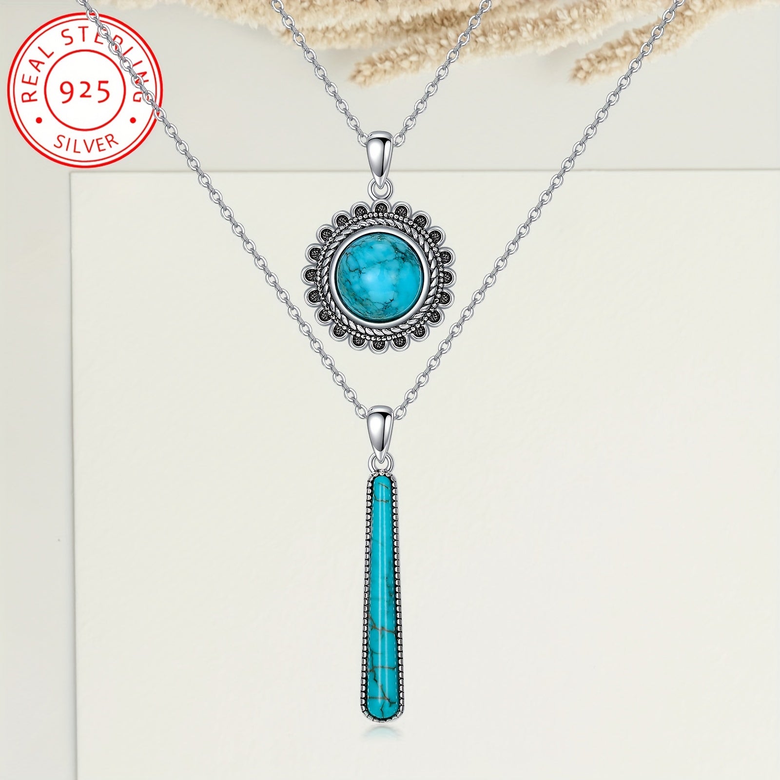 Turquoise Layered Necklace 925 Sterling Silver Genuine Gemstone Turquoise Pendant Boho Jewelry Gifts for Women