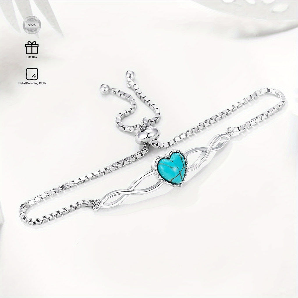 Genuine Heart Turquoise Adjustable Bracelet for Women with Infinity 925 Sterling Silver Box Chain Jewelry 6.5 to 7.5 Inch