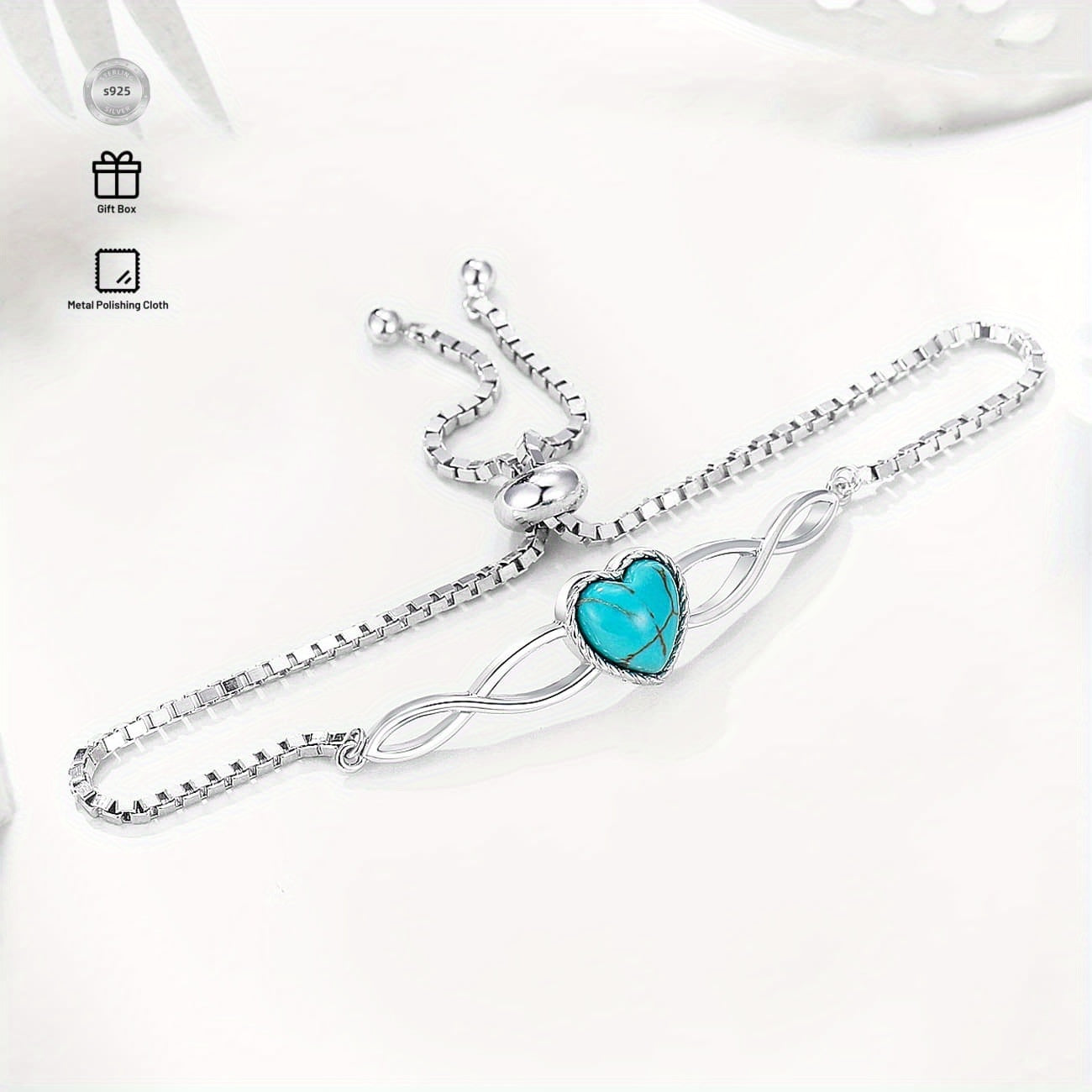 Genuine Heart Turquoise Adjustable Bracelet for Women with Infinity 925 Sterling Silver Box Chain Jewelry 6.5 to 7.5 Inch