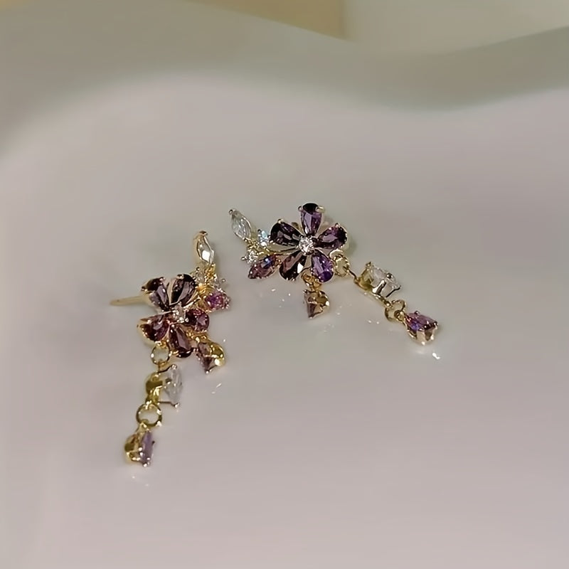Women's Elegant Bohemian Style Purple Flower Pendant Earrings - Luxury Design with Cubic Zirconia, 925 Silver Ear Hooks Suitable for Daily Wear and Gifts