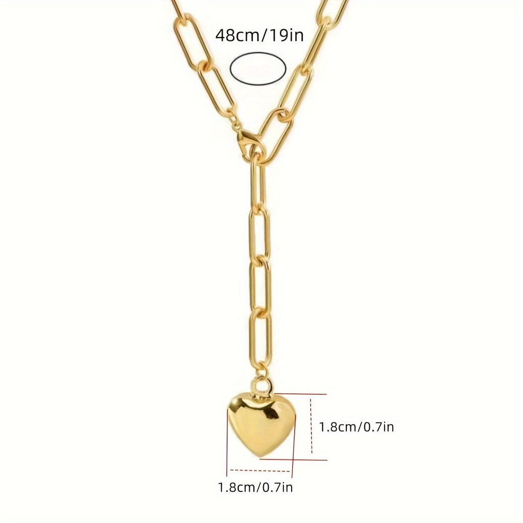 Elegant Golden-Tone Heart-Shaped Pendant Necklace for Women - Chunky Y-Chain Design, Perfect for Daily Wear & Parties, Ideal Valentine'S Day Gift, All-Season Accessory, Valentine'S Day Jewelry|Chunky Chain Necklace|Durable Iron Chain, Heart Necklace