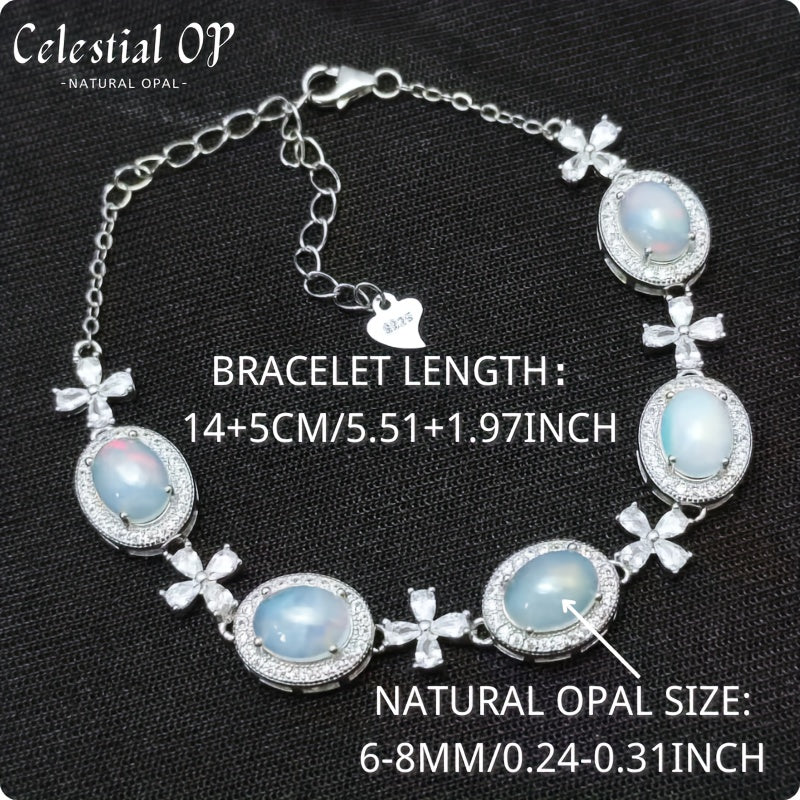 Elegant S925 Sterling Silvery Opal Bracelet with Floral Accents - Natural Opal Stones, White, and Sparkling Details, Perfect for Daily Wear or Special Occasions, Includes Gift Box, Festive Accessory | Floral Accent Bracelet | Sparkling Details