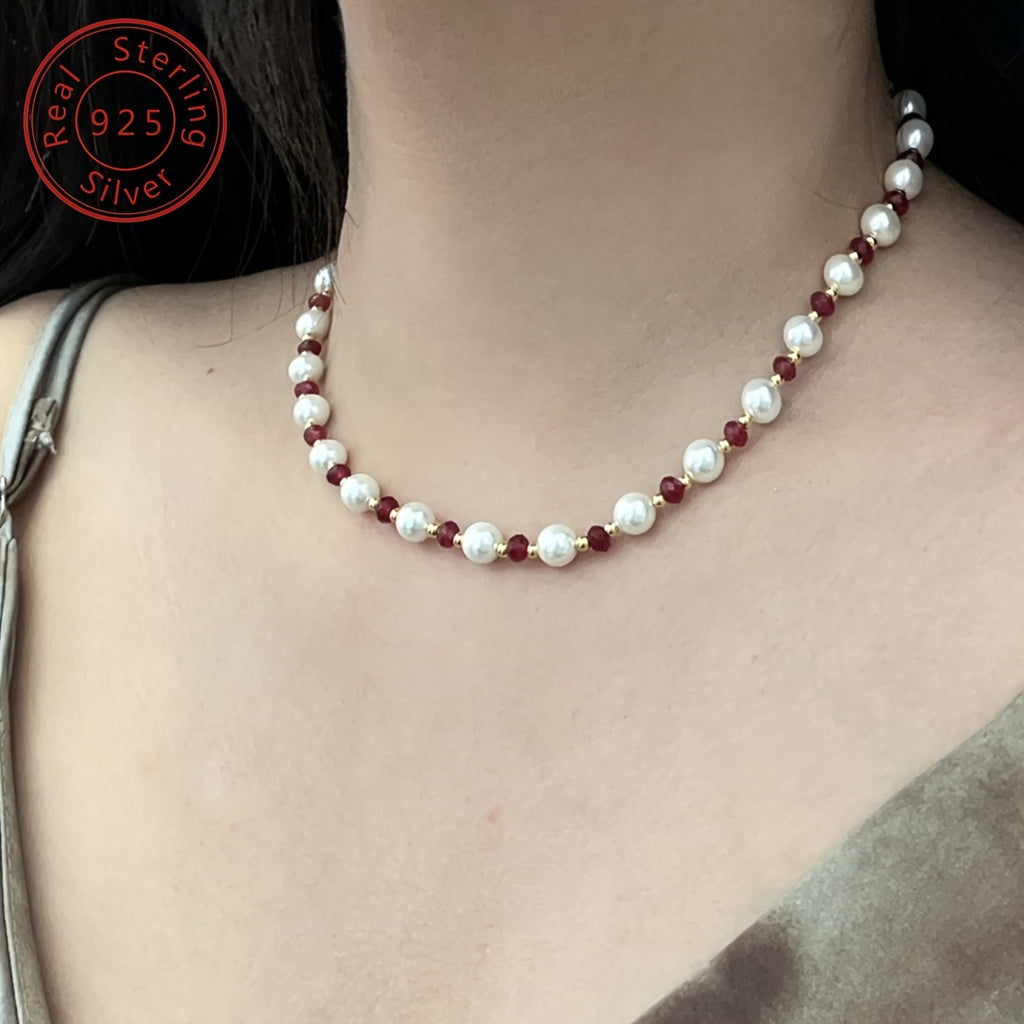 1pc Elegant 925 Silver Natural Stone Beaded Necklace - French Retro Luxury Design, 18K Golden Plated, Perfect for Daily Wear & Gifting, Valentine'S Day, Birthday, Anniversary - Includes Gift Box, Special Occasion Jewelry | French Retro Style | Durab