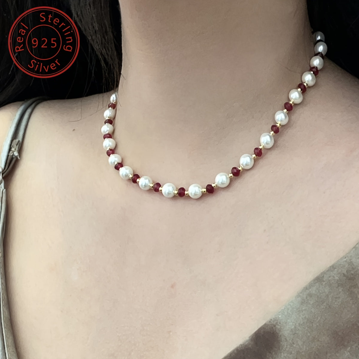 1pc Elegant 925 Silver Natural Stone Beaded Necklace - French Retro Luxury Design, 18K Golden Plated, Perfect for Daily Wear & Gifting, Valentine'S Day, Birthday, Anniversary - Includes Gift Box, Special Occasion Jewelry | French Retro Style | Durab