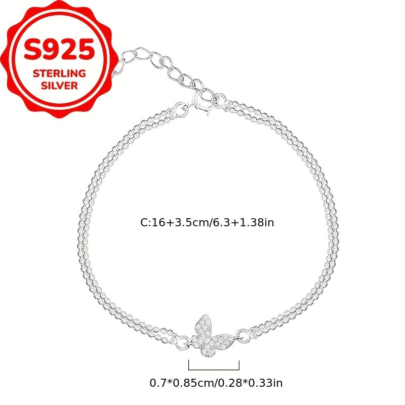 1pc S925 Sterling Silvery Full Butterfly Double Layer Bracelet with Synthetic Synthetic Zirconia Inlay, Elegant and Versatile Design Suitable for Daily Wear or Party Events, Holiday Gift
