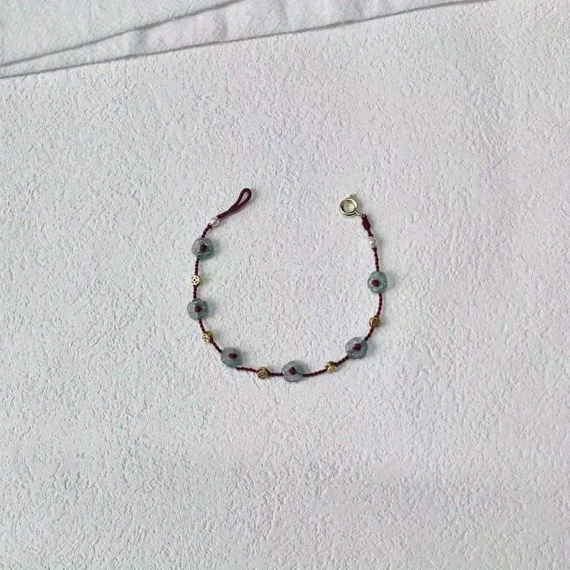 1pc Elegant Vintage-Inspired Imitation Jade Flower Rope Bracelet, Adjustable Weave Design, Good Luck Charm, Ideal for Daily Wear & Valentine'S Day Gift for Women