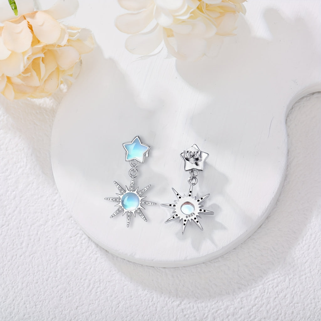 Women's Moonstone Star Earrings in 925 Sterling Silver, Moonstone Stud Earrings with Sun and Stars, Bohemian Sunburst Drop Earrings, Moonstone Jewelry Gift for Mothers