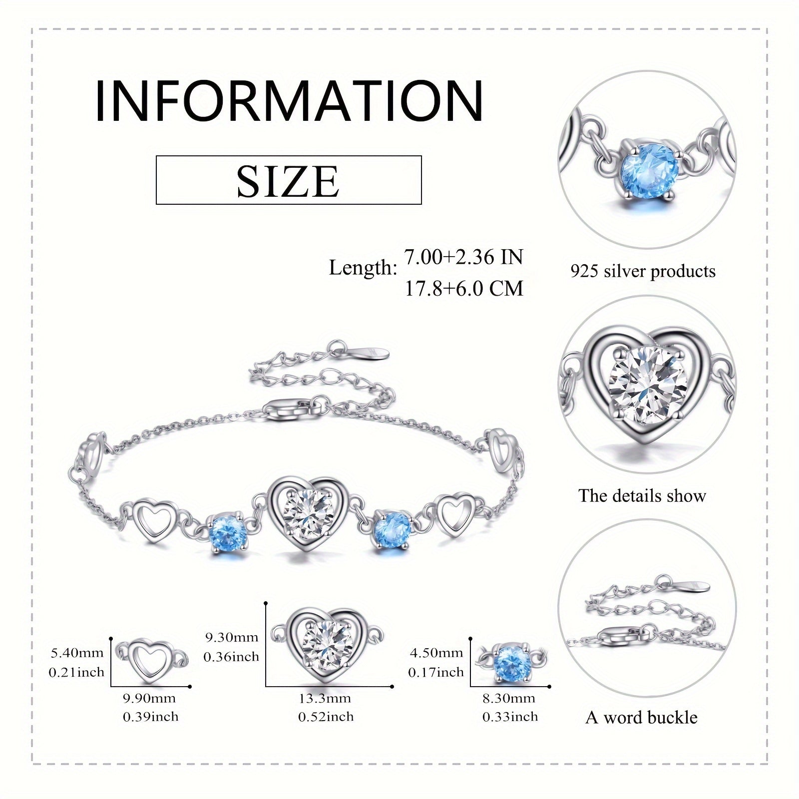 Heart Bracelet 925 Sterling Silver Aquamarine Bracelet For Women March Birthstone Link Chain Bracelets Jewelry Love Gifts For Girls