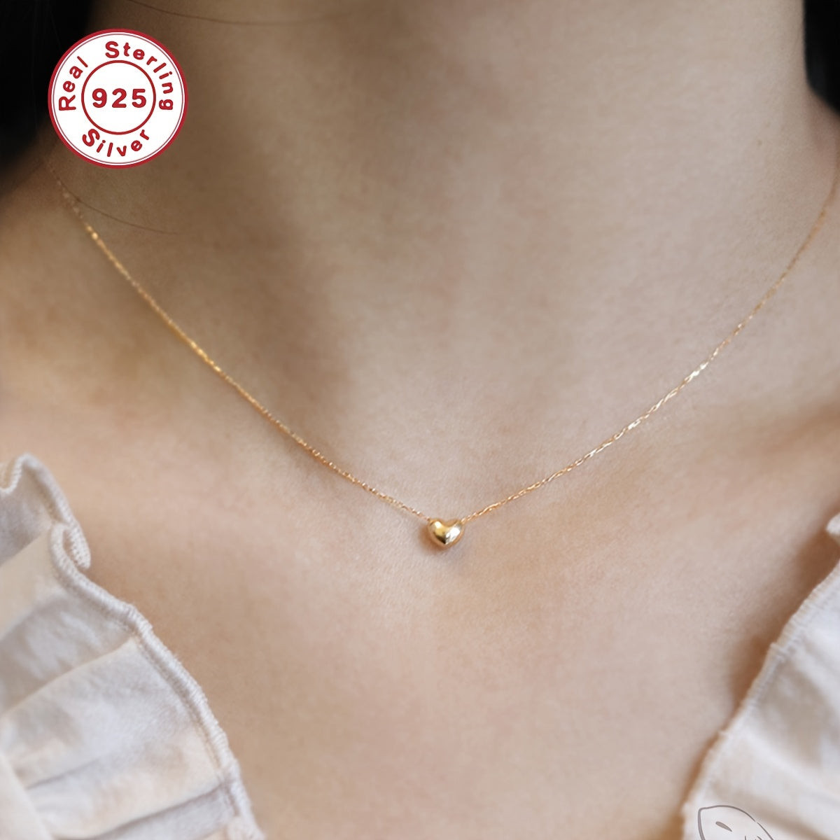 S925 Sterling Silvery Women's Necklace, Minimalist 18K Gold-Plated Heart Pendant, Classic Small Heart Charm Adjustable Collarbone Chain, Ideal Valentine's Day Gift for Girlfriend, Love Token, Wedding Accessory, Elegant Design, Delicate Craftsmanship