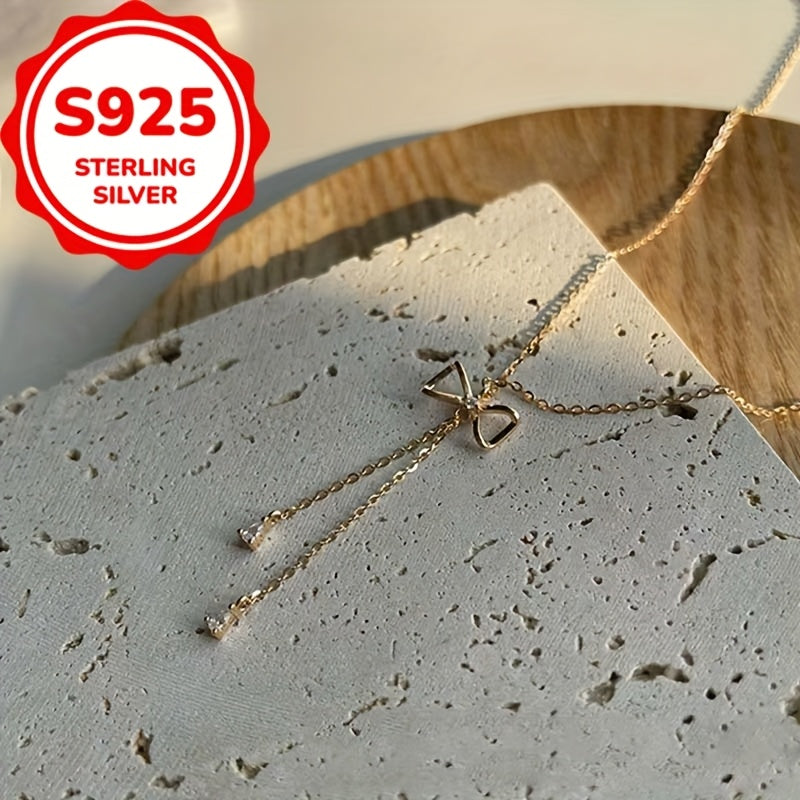 925 Silvery Bow with Synthetic Zirconia Tassel Necklace - Minimalist Design Sweater Chain for Women, Versatile Everyday Accessory