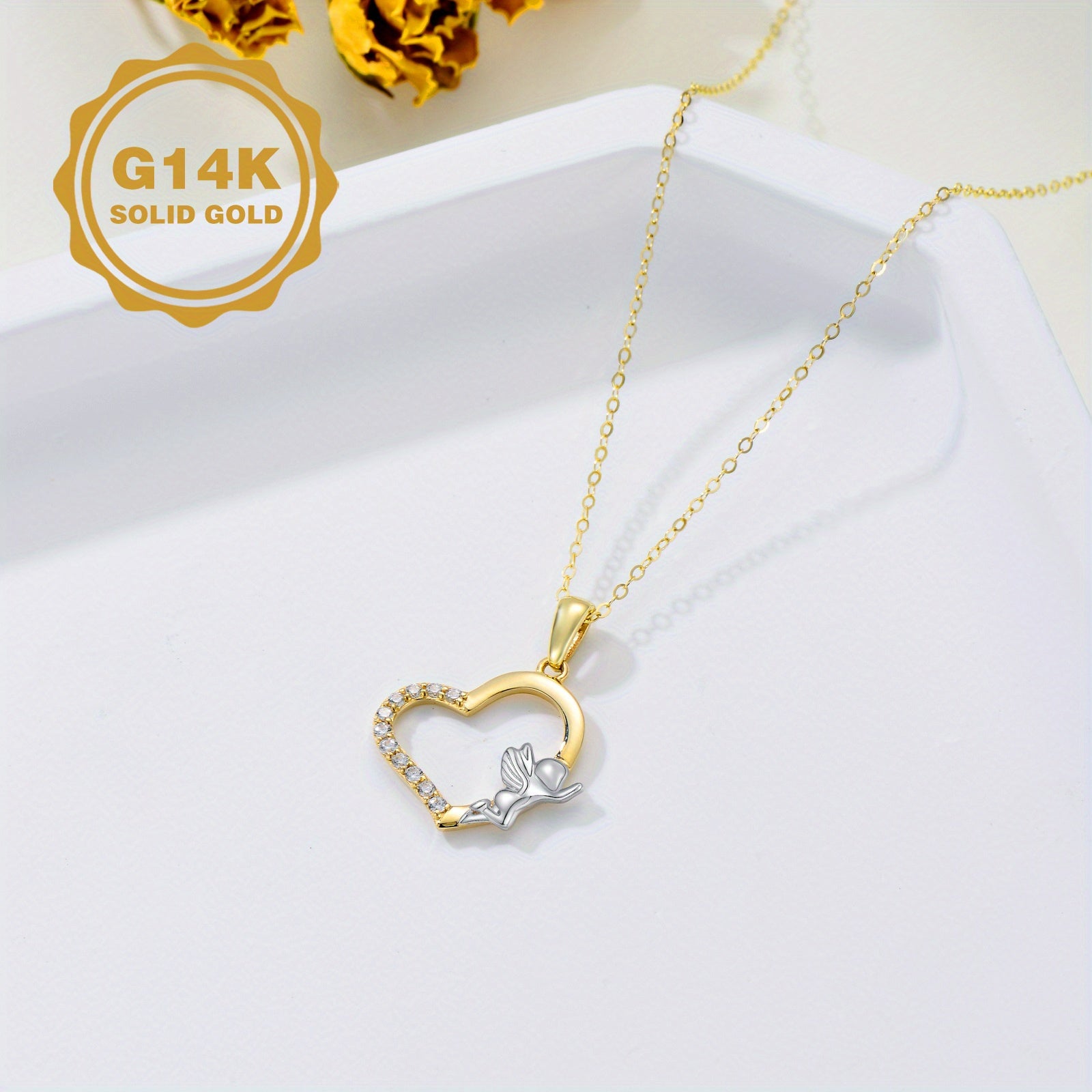 14K Golden Plated Heart Necklace for Women, Real Yellow Golden Plated and White Golden Plated Angel Heart Pendant Necklace, Solid Golden Plated Jewelry for Ladies Mom Sisters