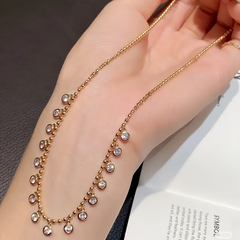 Elegant 18K Golden-Plated Stainless Steel Layered Necklace with Sparkling Gemstones - Chic Collarbone Chain for Women, Perfect for Festive Occasions, Festive Accessory|Chic Necklace|Durable Chain, Necklace for Women