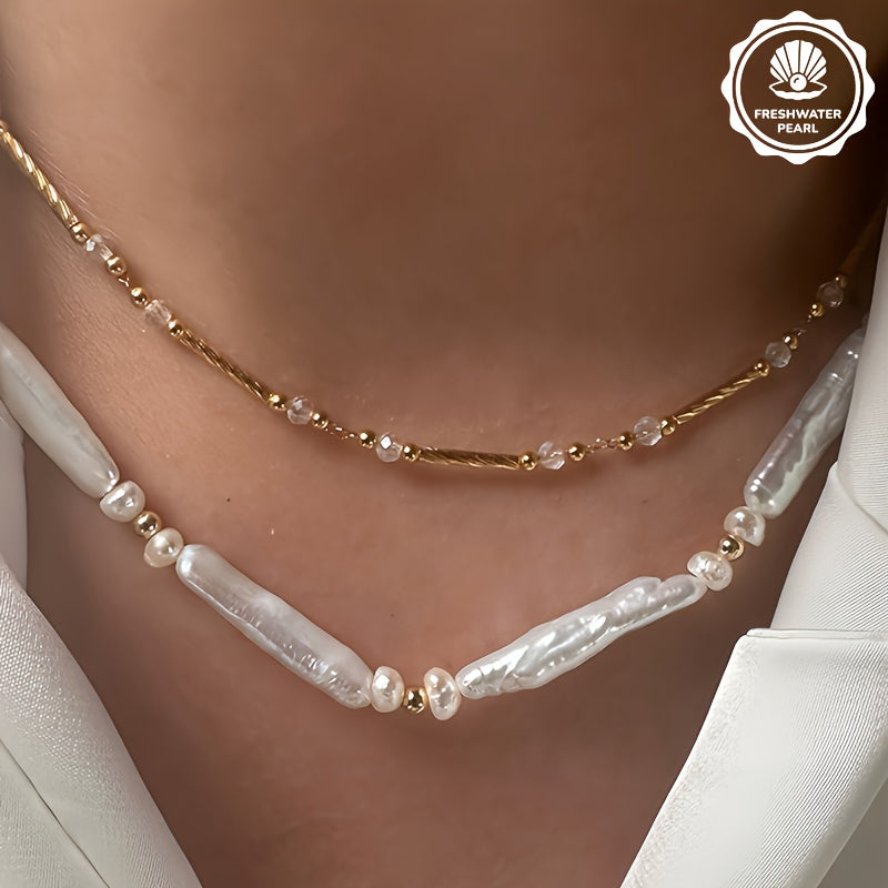 Elegant French Baroque-Inspired Pearl Necklace for Women - Bohemian Style with Natural Freshwater Pearls, Golden-Tone Alloy Beads, and Sparkling Accents - Perfect for Daily Wear or Gifting, Pearl Jewelry