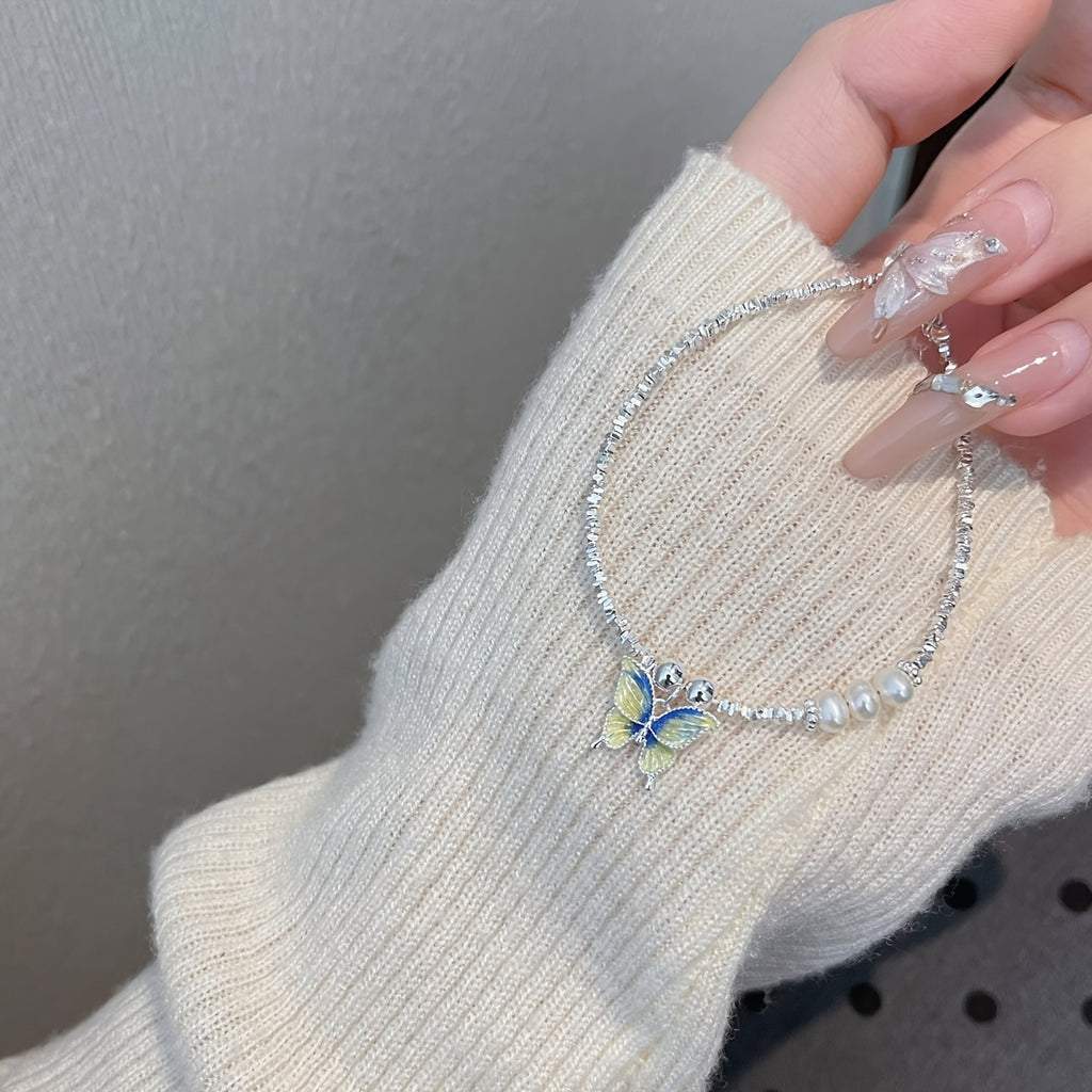 S925 Silvery Enamel Butterfly Bracelet - Elegant Minimalist Design with Sparkling Accents, Durable & Stylish for Casual Attire, Perfect for Casual Attire, Butterfly Jewelry, For Teenager