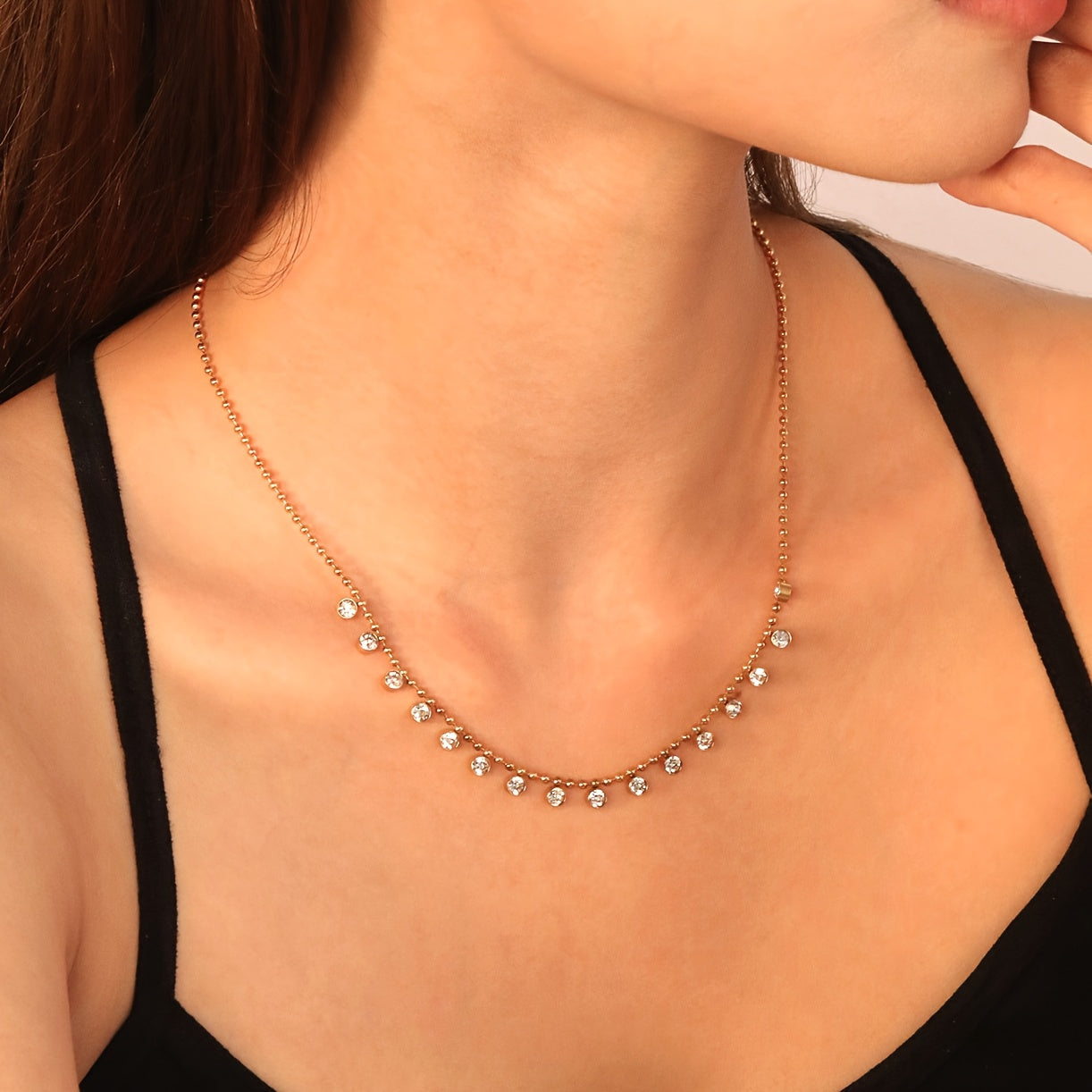 Elegant 18K Golden-Plated Stainless Steel Layered Necklace with Sparkling Gemstones - Chic Collarbone Chain for Women, Perfect for Festive Occasions, Festive Accessory|Chic Necklace|Durable Chain, Necklace for Women