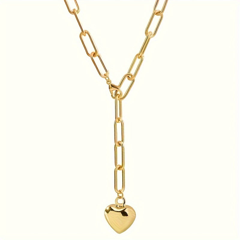 Elegant Golden-Tone Heart-Shaped Pendant Necklace for Women - Chunky Y-Chain Design, Perfect for Daily Wear & Parties, Ideal Valentine'S Day Gift, All-Season Accessory, Valentine'S Day Jewelry|Chunky Chain Necklace|Durable Iron Chain, Heart Necklace