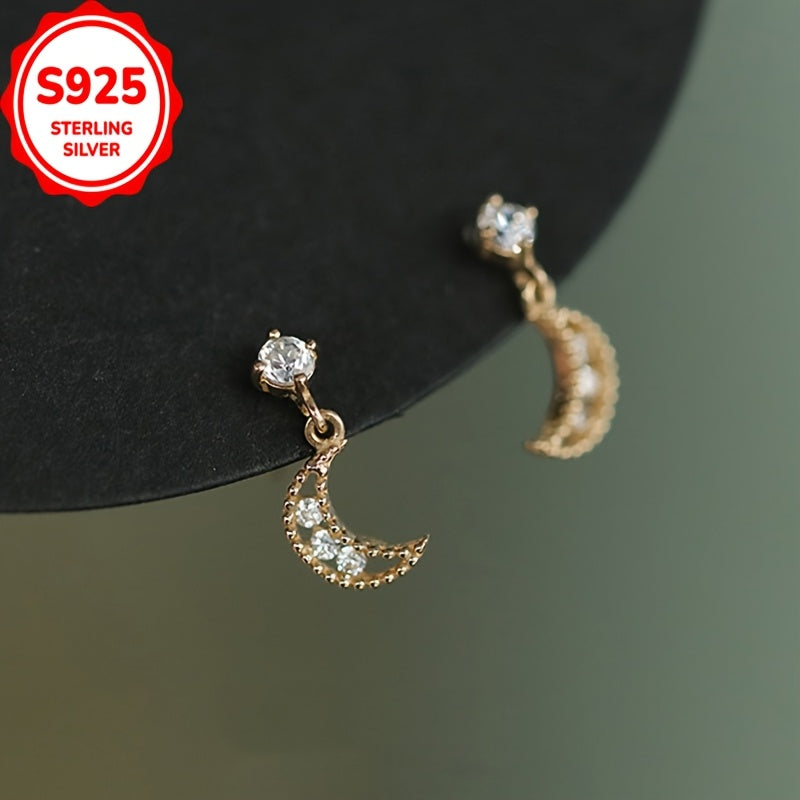 925 Silver Hollow Beaded with Synthetic Zirconia Inlaid, Delicate And Light Luxury Moon Earrings, Unique Design, Suitable for Small Accessories