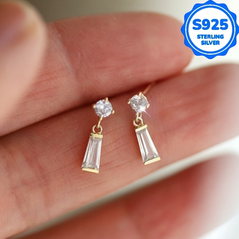 Pair of 2, Women's Fashion Dangle Earrings, Vintage Bohemian Style, Hypoallergenic S925 Silver with Synthetic Synthetic Zirconia Inlay, Trapezoid Mini Drop Earrings, Versatile Everyday Gift Jewelry