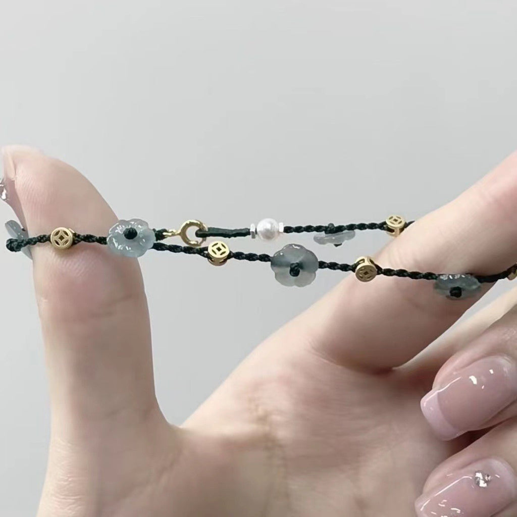 1pc Elegant Vintage-Inspired Imitation Jade Flower Rope Bracelet, Adjustable Weave Design, Good Luck Charm, Ideal for Daily Wear & Valentine'S Day Gift for Women