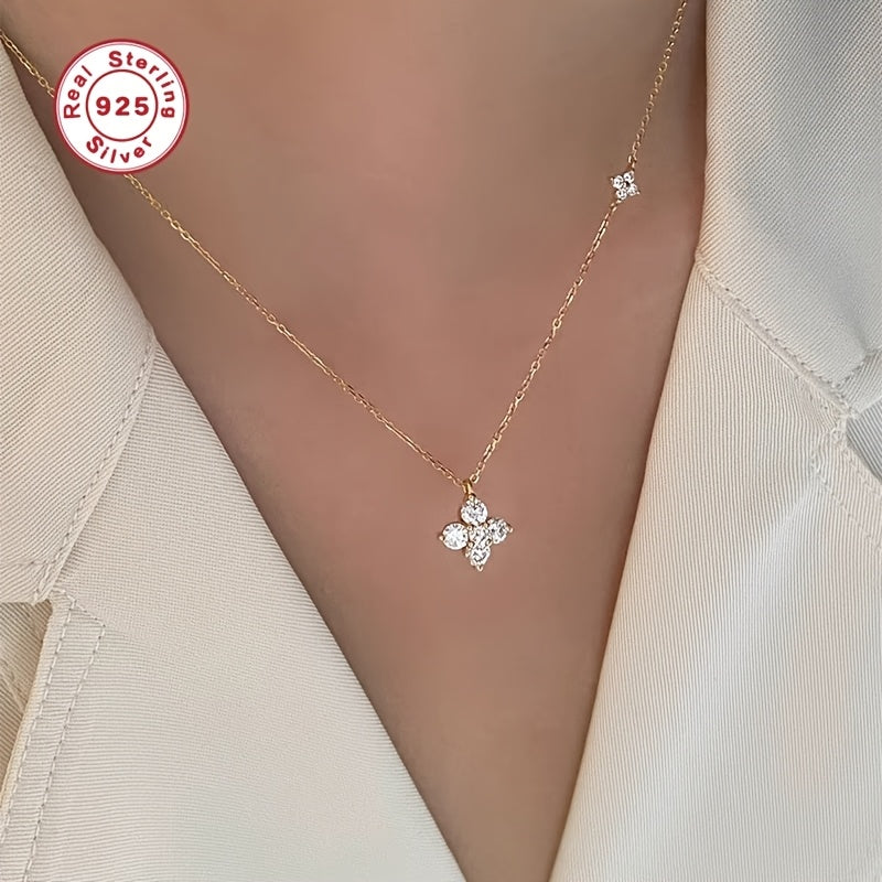 S925 Silvery Synthetic Synthetic Zircon Necklace, Fashionable Minimalist Twin Four-Leaf Pendant Light Luxury Elegant 18K gold Plated Clavicle, For Teenager
