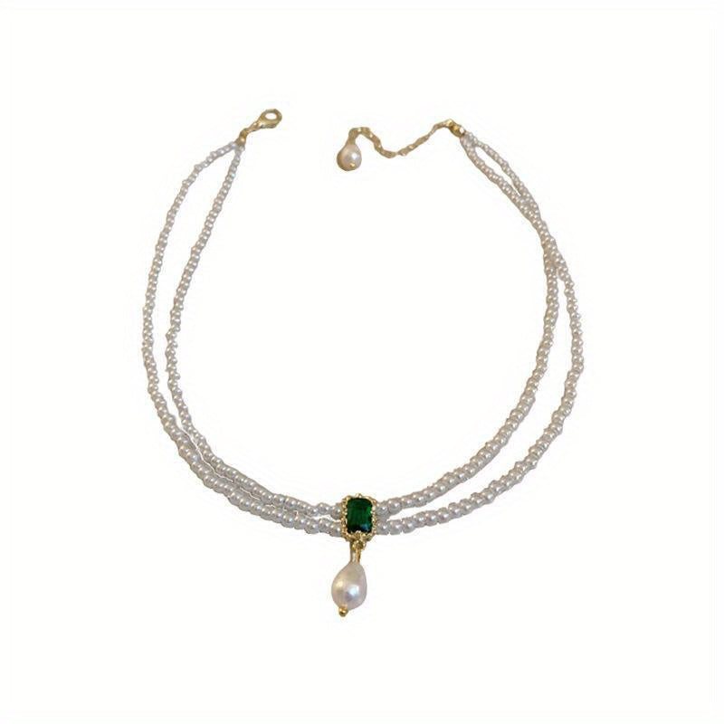 Double-Layer Stacked Emerald Square Diamond-Encrusted Imitation Pearl Necklace, European And American Fashionable Retro Choker Temperament Necklace, Suitable for Daily Wear, Banquets, Engagements, Valentine'S Day Gifts