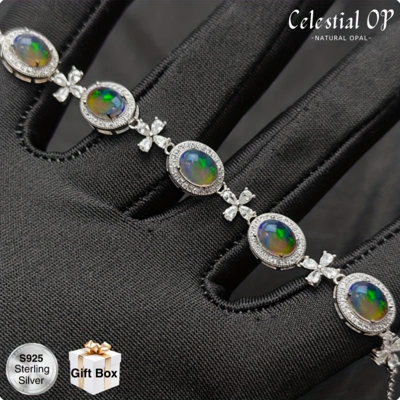 Elegant S925 Sterling Silvery Opal Bracelet with Floral Accents - Natural Opal Stones, White, and Sparkling Details, Perfect for Daily Wear or Special Occasions, Includes Gift Box, Festive Accessory | Floral Accent Bracelet | Sparkling Details
