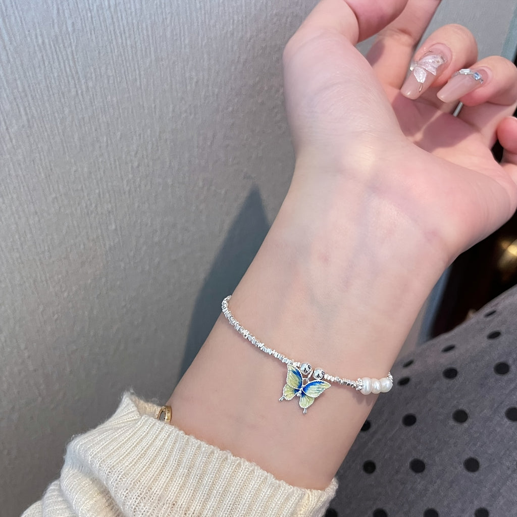 S925 Silvery Enamel Butterfly Bracelet - Elegant Minimalist Design with Sparkling Accents, Durable & Stylish for Casual Attire, Perfect for Casual Attire, Butterfly Jewelry, For Teenager