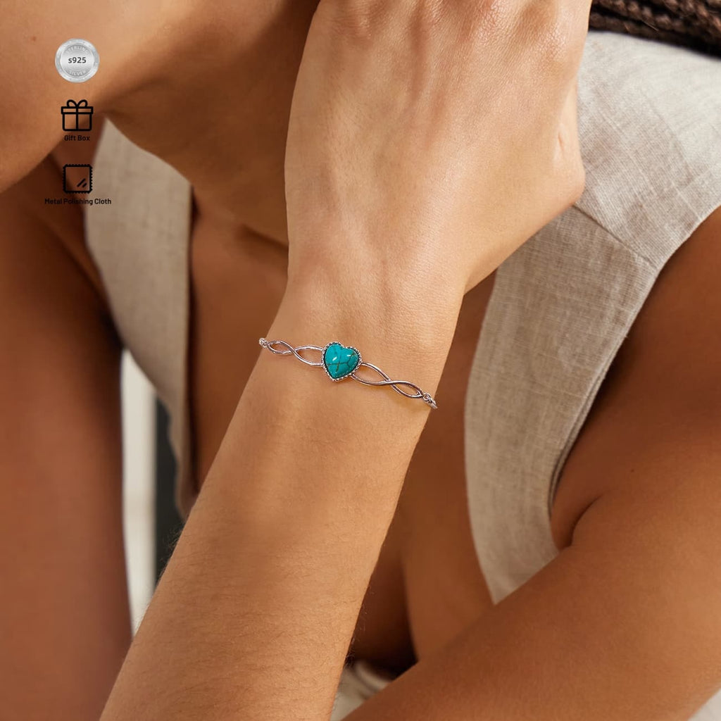 Genuine Heart Turquoise Adjustable Bracelet for Women with Infinity 925 Sterling Silver Box Chain Jewelry 6.5 to 7.5 Inch