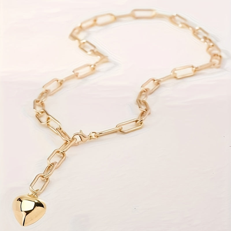 Elegant Golden-Tone Heart-Shaped Pendant Necklace for Women - Chunky Y-Chain Design, Perfect for Daily Wear & Parties, Ideal Valentine'S Day Gift, All-Season Accessory, Valentine'S Day Jewelry|Chunky Chain Necklace|Durable Iron Chain, Heart Necklace