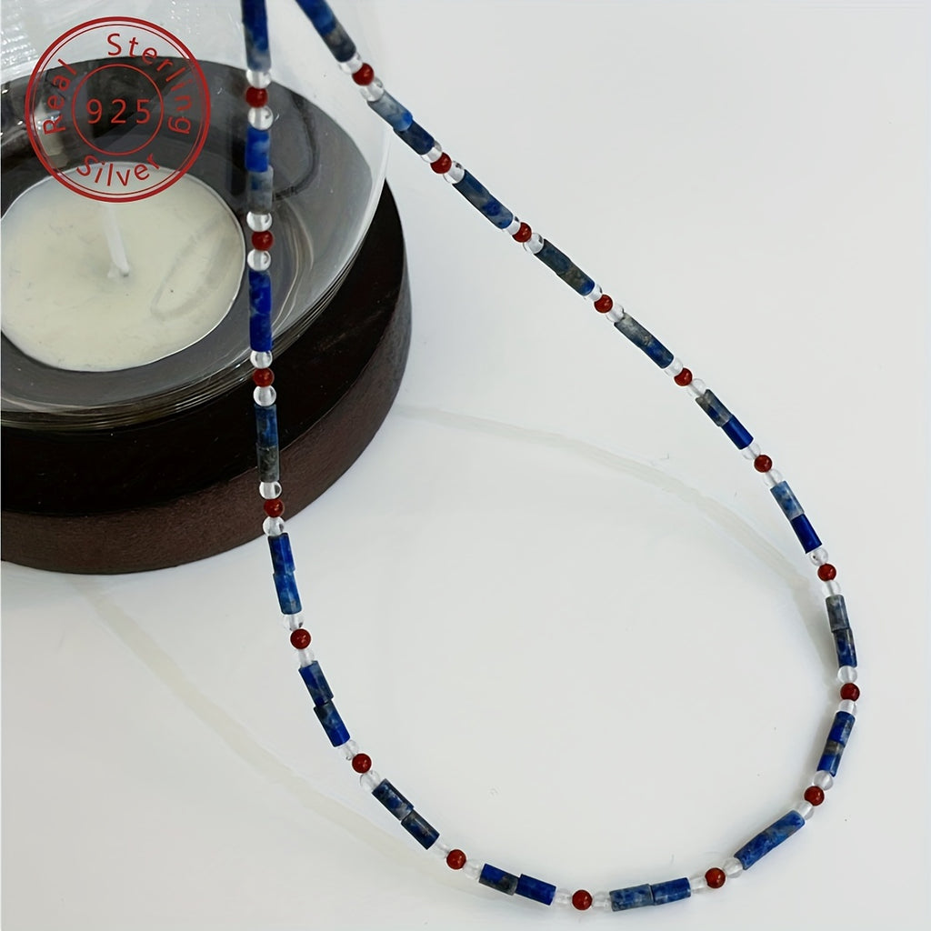 925 sterling Silvery natural lapis lazuli red agate extremely fine beaded necklace, new Chinese niche style, contrasting color design, retro senior feeling, suitable for Women's daily banquet wearing, festival selected accessories