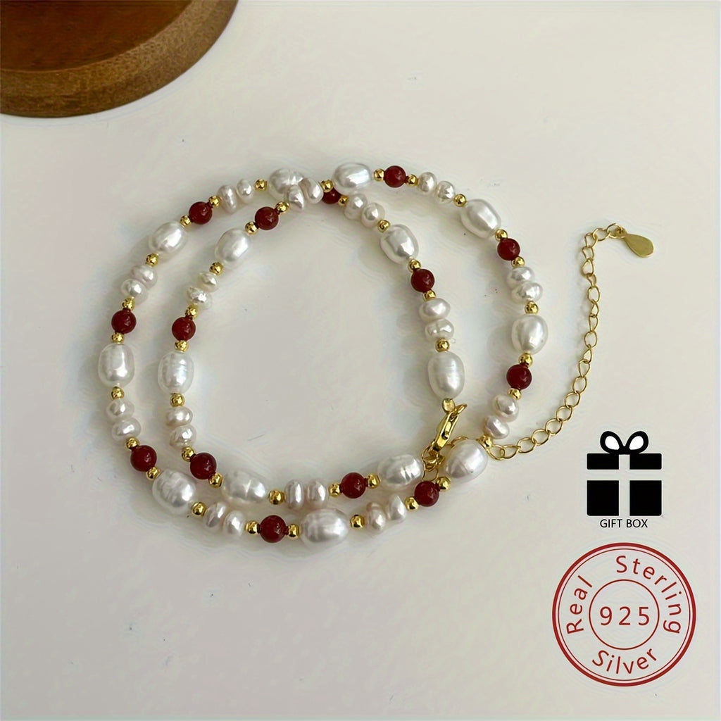 925 Silver Necklace With Natural Freshwater Pearl Beads Necklace Elegant Simple Style Daily Wear Accessories Original Design Fine Jewelry Valentine's Day Gift With Gift Box