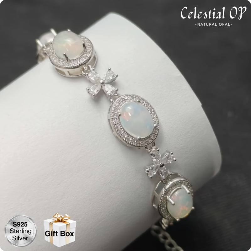 Elegant S925 Sterling Silvery Opal Bracelet with Floral Accents - Natural Opal Stones, White, and Sparkling Details, Perfect for Daily Wear or Special Occasions, Includes Gift Box, Festive Accessory | Floral Accent Bracelet | Sparkling Details