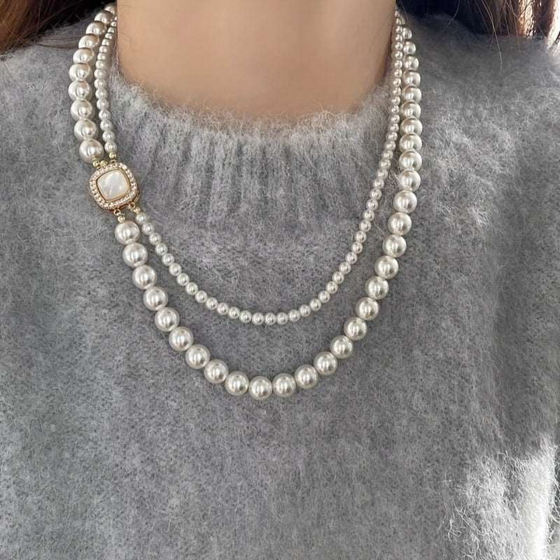 Double Layered Layered Pearl Necklace, Classic Style, Imitation Pearl, Synthetic, February Birthstone, Vintage, Simple, for Daily Occasion, Gift-giving Occasion, Spring Festival