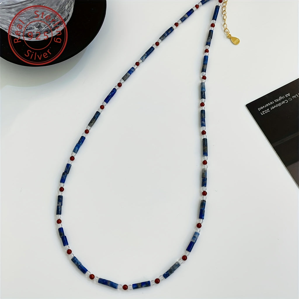 925 sterling Silvery natural lapis lazuli red agate extremely fine beaded necklace, new Chinese niche style, contrasting color design, retro senior feeling, suitable for Women's daily banquet wearing, festival selected accessories