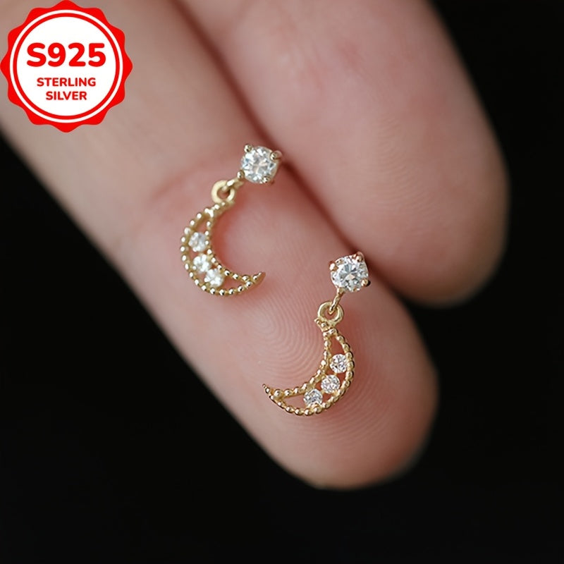 925 Silver Hollow Beaded with Synthetic Zirconia Inlaid, Delicate And Light Luxury Moon Earrings, Unique Design, Suitable for Small Accessories