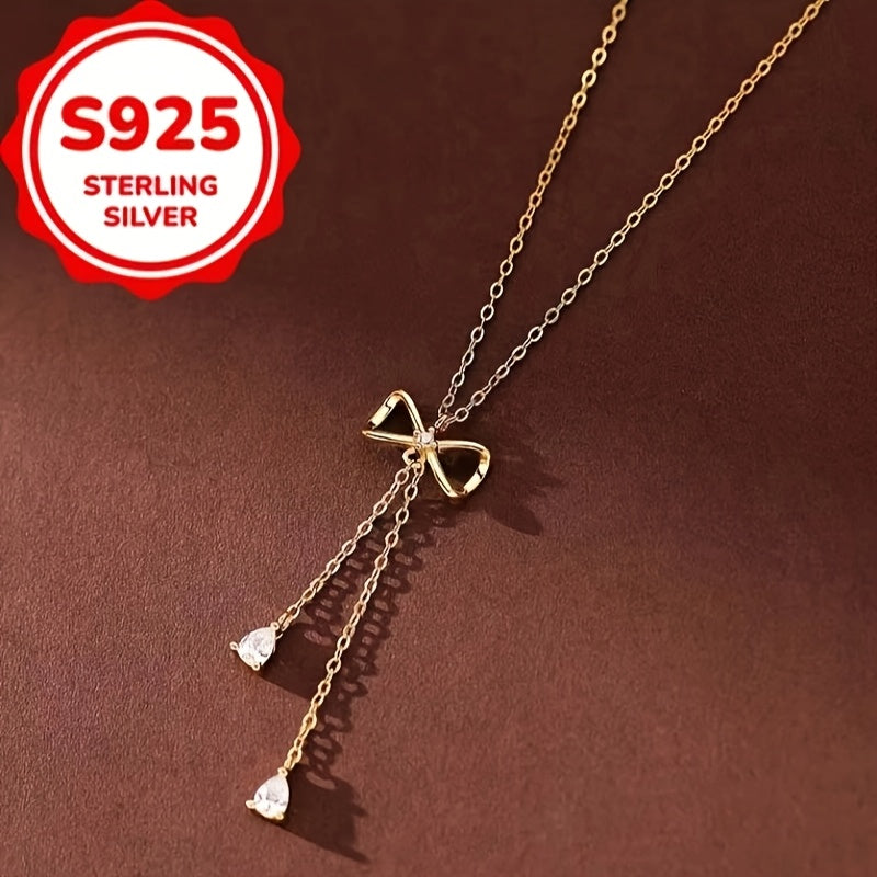 925 Silvery Bow with Synthetic Zirconia Tassel Necklace - Minimalist Design Sweater Chain for Women, Versatile Everyday Accessory