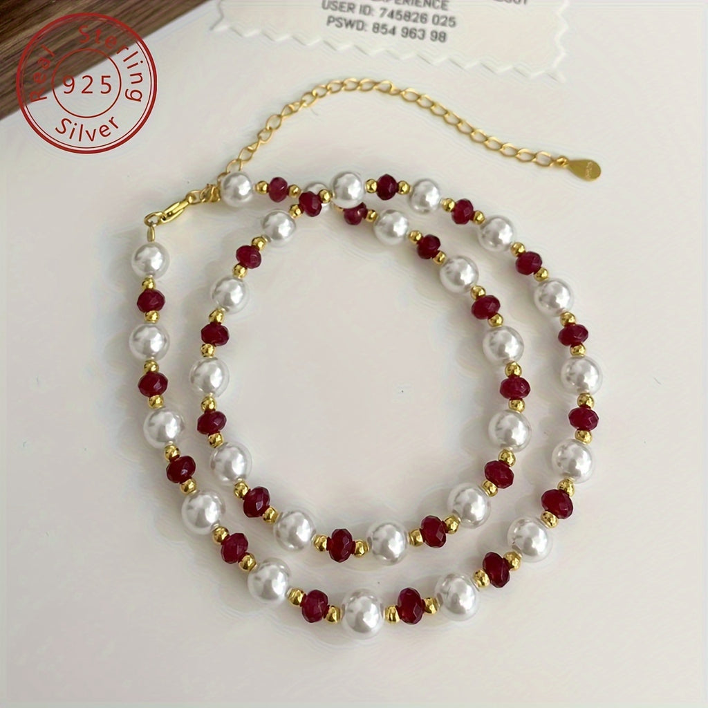 1pc Elegant 925 Silver Natural Stone Beaded Necklace - French Retro Luxury Design, 18K Golden Plated, Perfect for Daily Wear & Gifting, Valentine'S Day, Birthday, Anniversary - Includes Gift Box, Special Occasion Jewelry | French Retro Style | Durab