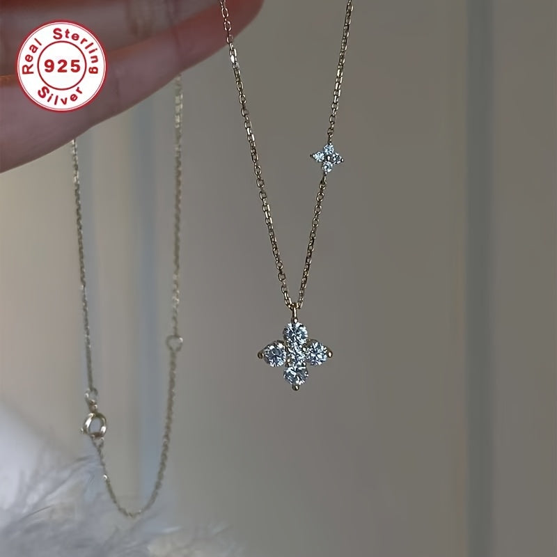 S925 Silvery Synthetic Synthetic Zircon Necklace, Fashionable Minimalist Twin Four-Leaf Pendant Light Luxury Elegant 18K gold Plated Clavicle, For Teenager