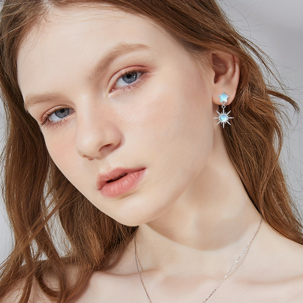 Women's Moonstone Star Earrings in 925 Sterling Silver, Moonstone Stud Earrings with Sun and Stars, Bohemian Sunburst Drop Earrings, Moonstone Jewelry Gift for Mothers