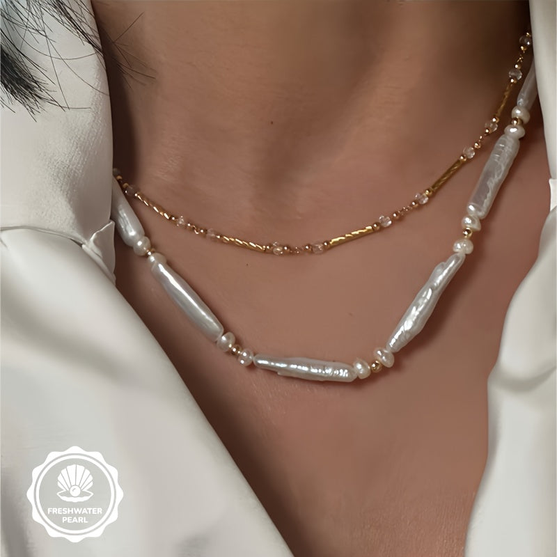 Elegant French Baroque-Inspired Pearl Necklace for Women - Bohemian Style with Natural Freshwater Pearls, Golden-Tone Alloy Beads, and Sparkling Accents - Perfect for Daily Wear or Gifting, Pearl Jewelry