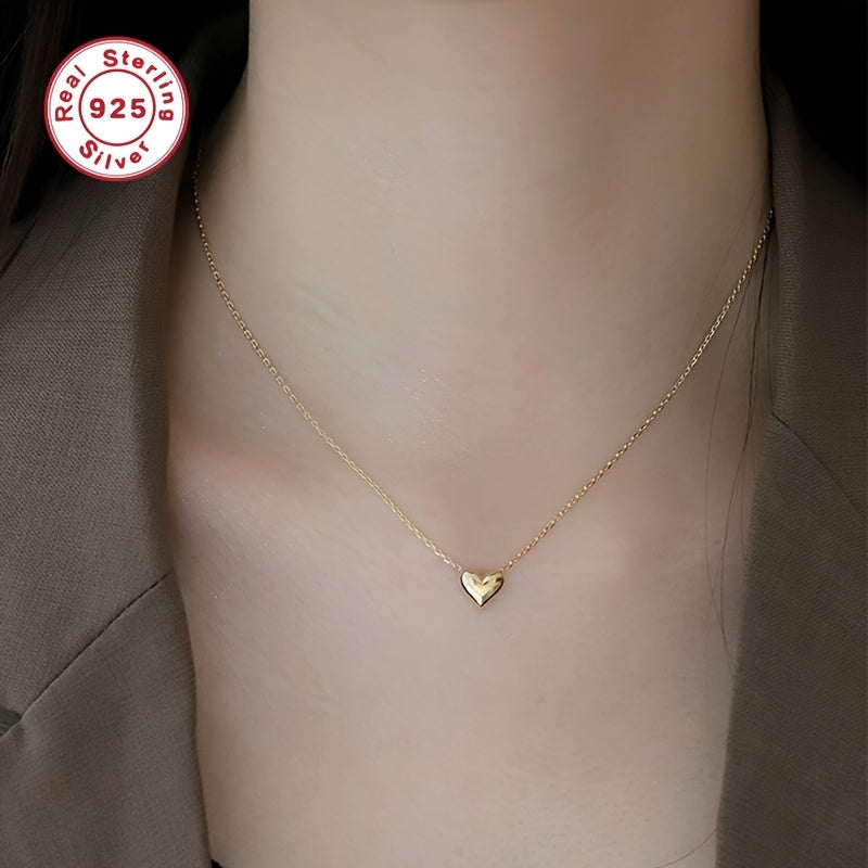 S925 Sterling Silvery Women's Necklace, Minimalist 18K Gold-Plated Heart Pendant, Classic Small Heart Charm Adjustable Collarbone Chain, Ideal Valentine's Day Gift for Girlfriend, Love Token, Wedding Accessory, Elegant Design, Delicate Craftsmanship