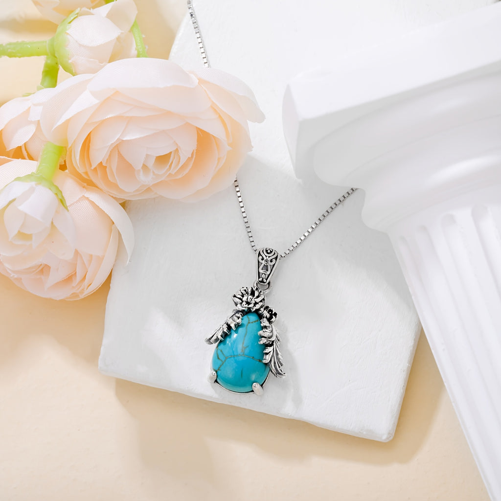 Genuine Teardrop Turquoise Necklace, Sterling Silver Vintage Native American Western Flower Pendant Jewelry Birthdays for Women
