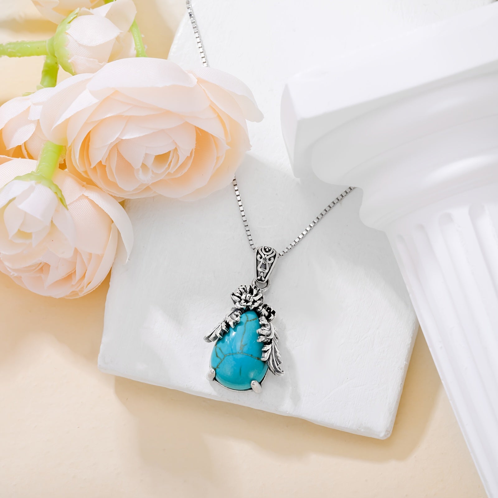 Genuine Teardrop Turquoise Necklace, Sterling Silver Vintage Native American Western Flower Pendant Jewelry Birthdays for Women