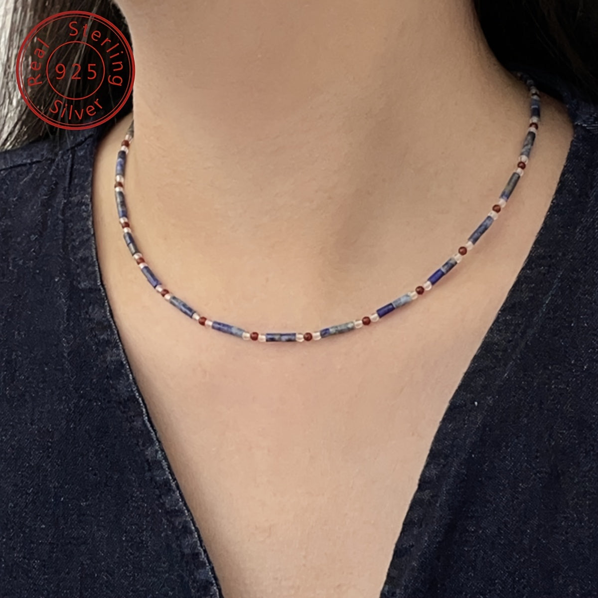 925 sterling Silvery natural lapis lazuli red agate extremely fine beaded necklace, new Chinese niche style, contrasting color design, retro senior feeling, suitable for Women's daily banquet wearing, festival selected accessories