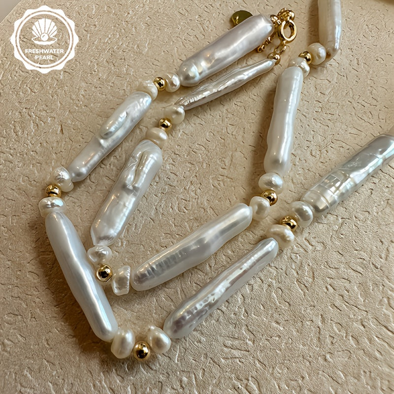 Elegant French Baroque-Inspired Pearl Necklace for Women - Bohemian Style with Natural Freshwater Pearls, Golden-Tone Alloy Beads, and Sparkling Accents - Perfect for Daily Wear or Gifting, Pearl Jewelry